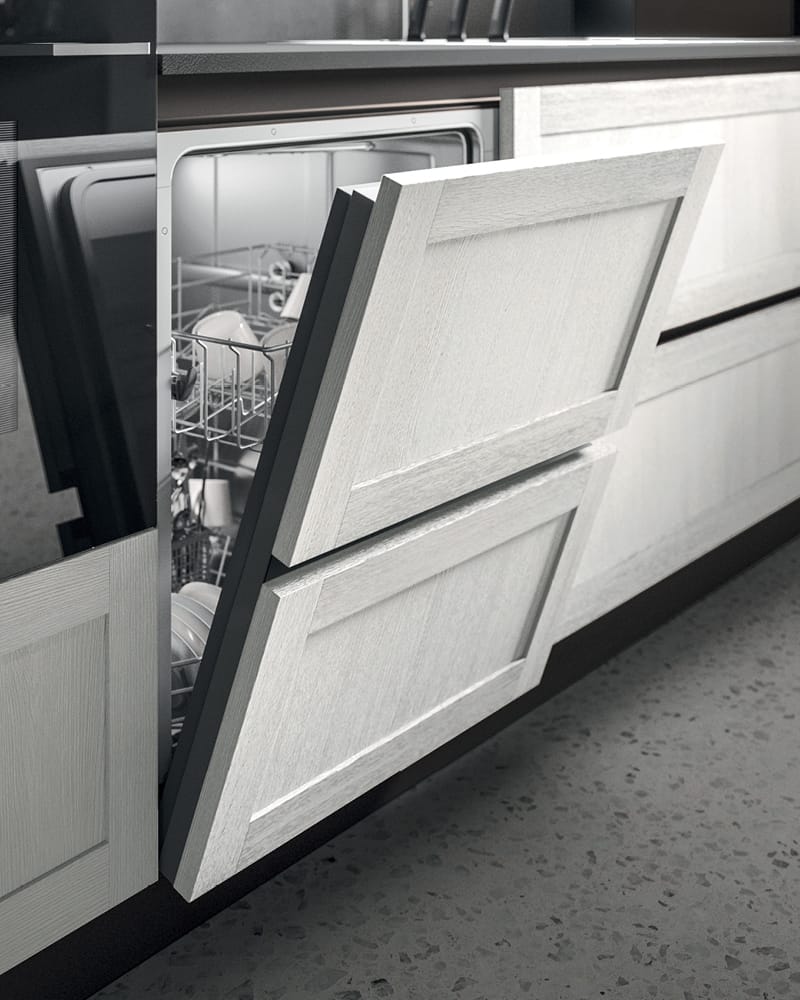 Dishwasher door with intermediate grip profile and double deep drawer aesthetics